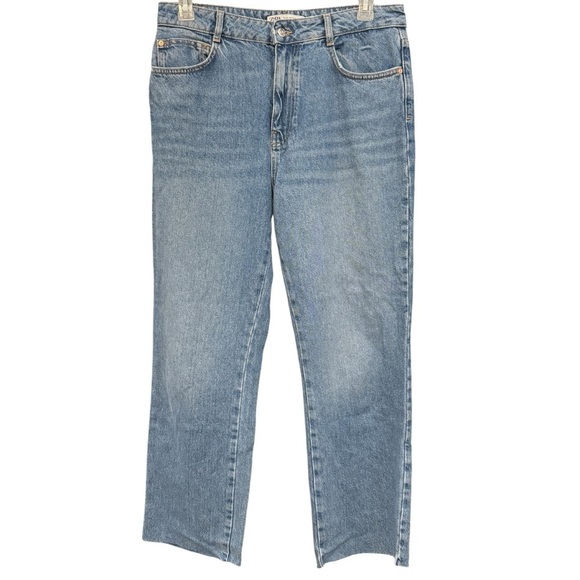 Zara Denim - Zara High Rise Straight Leg Jeans Women’s Size 10 Blue Raw Hem 34x29